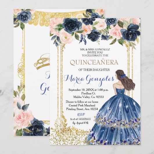 Quinceanera Navy Blue Flowers Gold Invitation Kaart (Voorkant / Achterkant)