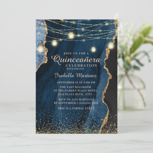 Quinceañera Navy Blue Glitter String Lights Kaart (Staand voorkant)