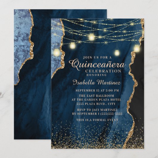 Quinceañera Navy Blue Glitter String Lights Kaart (Voorkant / Achterkant)