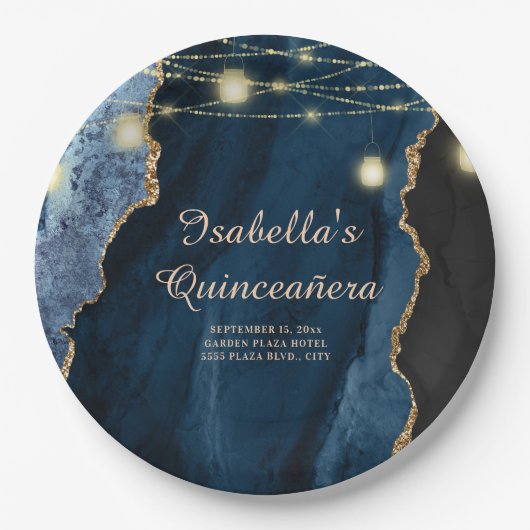 Quinceañera Navy Blue Glitter String Lights Papieren Bordje (Voorkant)