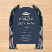 Quinceañera Navy Blue Gold Agaat Elegant Acryl Uitnodigingen (Voorkant)