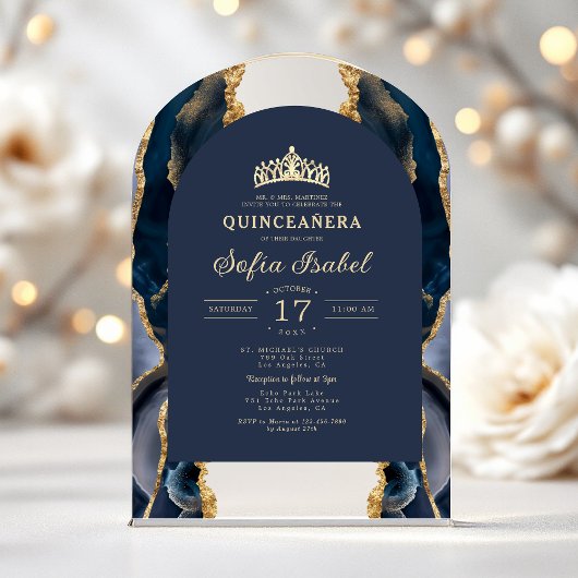Quinceañera Navy Blue Gold Agaat Elegant Acryl Uitnodigingen