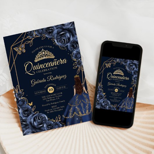 Quinceanera Navy Blue Gold Butterfly Dress Floral Kaart