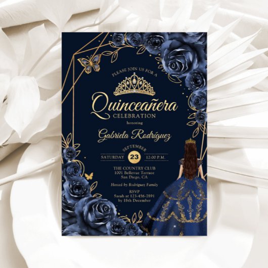 Quinceanera Navy Blue Gold Butterfly Dress Floral Kaart