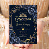 Quinceanera Navy Blue Gold Floral Butterfly Kaart