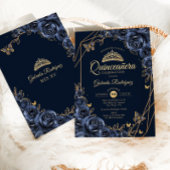 Quinceanera Navy Blue Gold Floral Butterfly Kaart