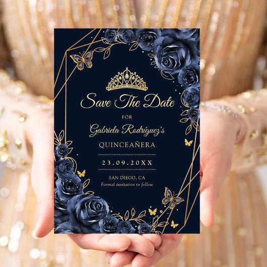 Quinceanera Navy Blue Gold Floral Butterfly Save The Date