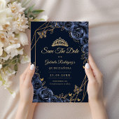Quinceanera Navy Blue Gold Floral Butterfly Save The Date