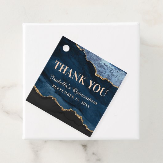 Quinceañera Navy Blue Marble Name Bedankjes Labels (In situ)