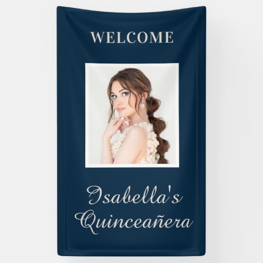 Quinceañera Navy Blue Name Foto verticaal Spandoek (Verticaal)