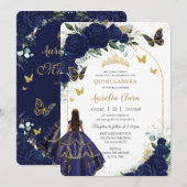 Quinceañera Navy Blue Rozen Bloemenprinses Goud Kaart (Voorkant / Achterkant)