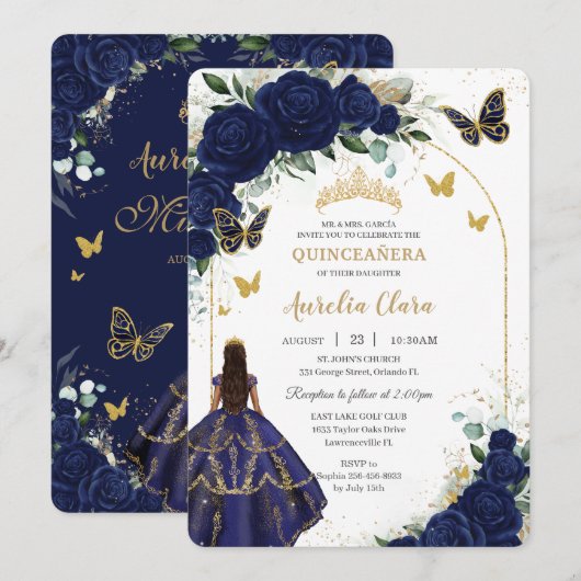 Quinceañera Navy Blue Rozen Bloemenprinses Goud Kaart (Voorkant / Achterkant)