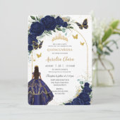 Quinceañera Navy Blue Rozen Bloemenprinses Goud Kaart (Staand voorkant)