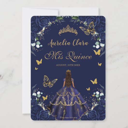 Quinceañera Navy Blue Rozen Bloemenprinses Goud Kaart (Achterkant)