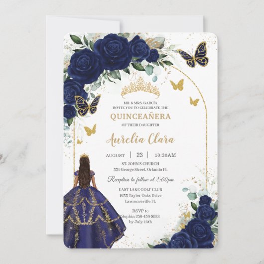 Quinceañera Navy Blue Rozen Bloemenprinses Goud Kaart (Voorkant)