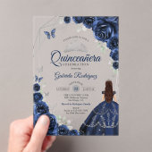 Quinceanera Navy Blue Silver Floral Dress Acryl Uitnodigingen (Insitu (Draagbaar))