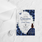 Quinceanera Navy Blue Silver Floral Dress Acryl Uitnodigingen