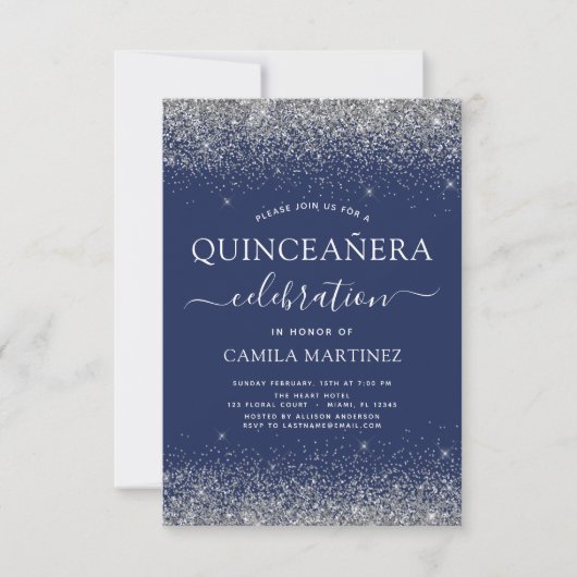 Quinceanera Navy Blue Silver Modern Glitter Kaart (Voorkant)