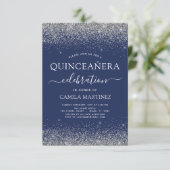 Quinceanera Navy Blue Silver Modern Glitter Kaart (Staand voorkant)