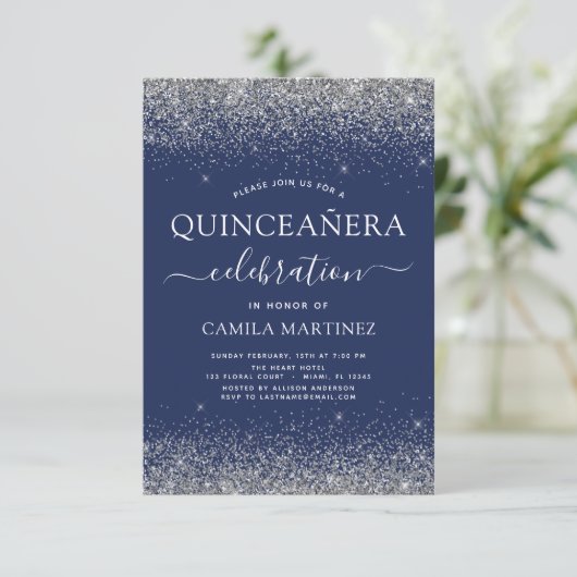Quinceanera Navy Blue Silver Modern Glitter Kaart (Staand voorkant)