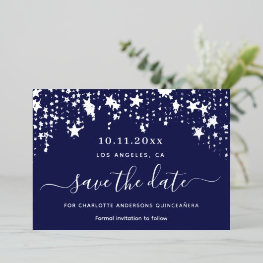 Quinceanera navy blue Silver Save the Date Folie Feestdagenkaart (Staand Voorkant)