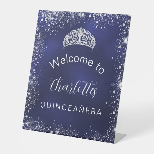 Quinceanera navy blue Silver welkom Reclamebord Met Voetstuk (Voorkant)