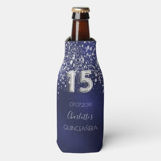 Quinceanera navy blue zilverglitter flesjeskoeler (Fles Voorkant)