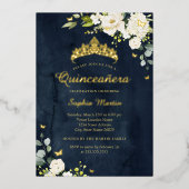 Quinceanera Navy Champagne Bloemen Goud Folie Uitnodiging (Voorkant)