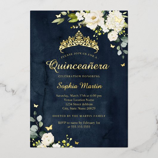 Quinceanera Navy Champagne Bloemen Goud Folie Uitnodiging (Voorkant)