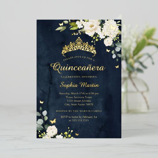 Quinceanera Navy Champagne Bloemen Goud Folie Uitnodiging (Staand Voorkant)