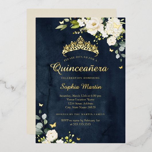 Quinceanera Navy Champagne Bloemen Goud Folie Uitnodiging (Voorkant / Achterkant)