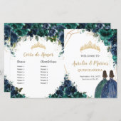 Quinceañera Navy Emerald Floral Budget Programma (Voorkant / Achterkant)