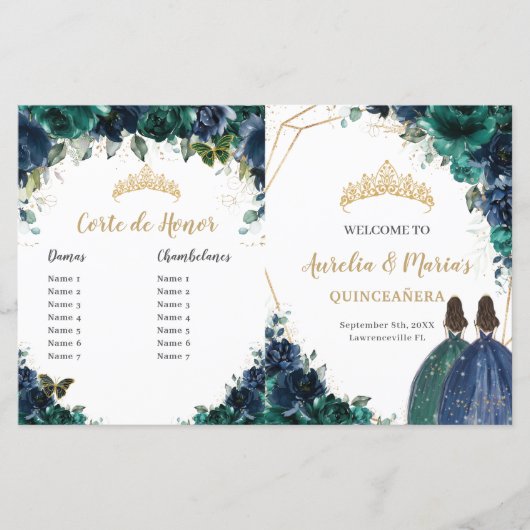 Quinceañera Navy Emerald Floral Budget Programma (Voorkant)