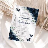 Quinceañera Navy Floral Paris Eiffel Butterflies Kaart