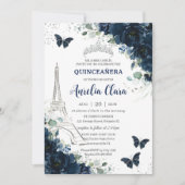 Quinceañera Navy Floral Paris Eiffel Butterflies Kaart (Voorkant)