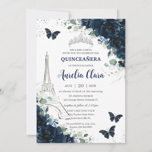 Quinceañera Navy Floral Paris Eiffel Butterflies Kaart (Voorkant)