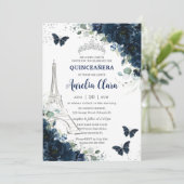Quinceañera Navy Floral Paris Eiffel Butterflies Kaart (Staand voorkant)