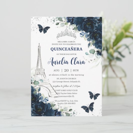 Quinceañera Navy Floral Paris Eiffel Butterflies Kaart (Staand voorkant)