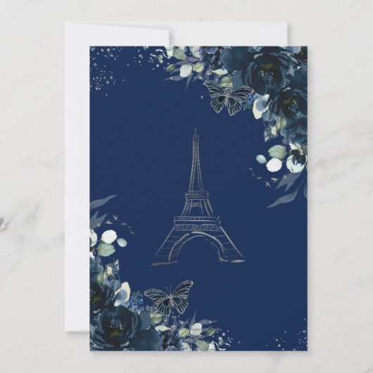 Quinceañera Navy Floral Paris Eiffel Butterflies Kaart (Achterkant)