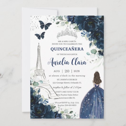 Quinceañera Navy Floral Paris Eiffel Princess Gown Kaart (Voorkant)