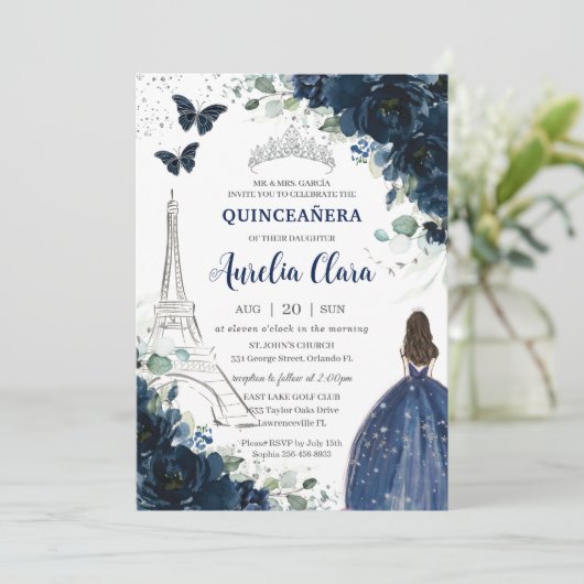 Quinceañera Navy Floral Paris Eiffel Princess Gown Kaart (Staand voorkant)