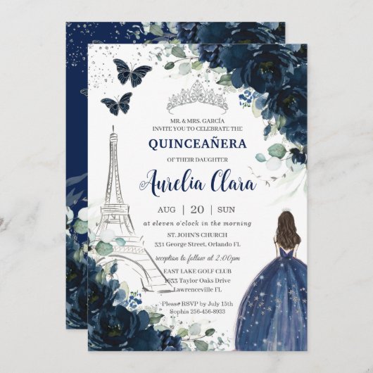 Quinceañera Navy Floral Paris Eiffel Princess Gown Kaart (Voorkant / Achterkant)