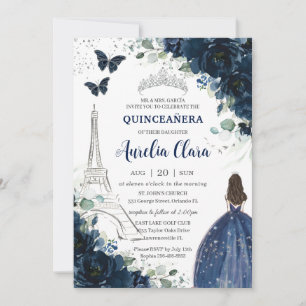 Quinceañera Navy Floral Paris Eiffel Princess Gown Kaart