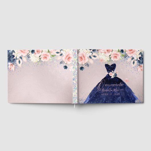 Quinceanera Navy Glitter Gown Blush Rozen Gastenboek (Volledig)