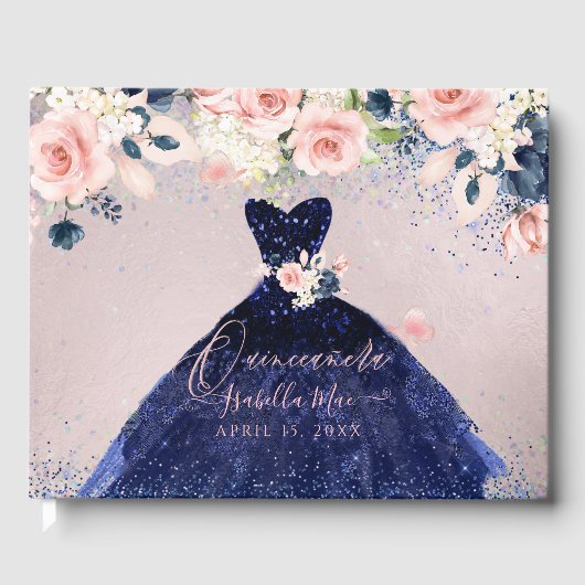 Quinceanera Navy Glitter Gown Blush Rozen Gastenboek (Voorkant)