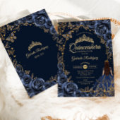Quinceanera Navy Gold Butterflies Roses Kaart