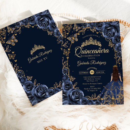 Quinceanera Navy Gold Butterflies Roses Kaart