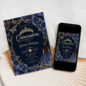 Quinceanera Navy Gold Butterflies Roses Kaart