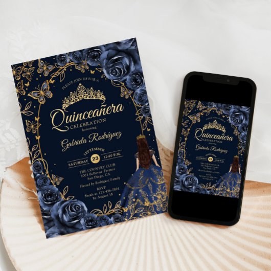 Quinceanera Navy Gold Butterflies Roses Kaart