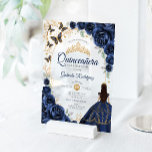 Quinceanera Navy Gold Floral Acryl Uitnodigingen<br><div class="desc">Navy,  gold and white Quinceanera celebration invitation. Features brunette girl in ball gown dress,  script font,  gold butterflies,  watercolor roses and tiara. Perfect for an elegant princess style glam celebration. Personalize with your own details. Stylish transparent or frosted acrylic invitations.</div>